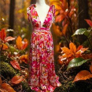 Nice flower stamped design dress. 
Pink, fuscia, orange and lilac.